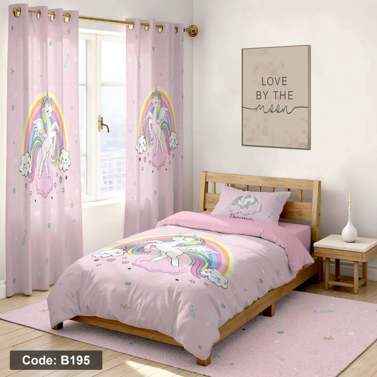 سرویس روتختی یک نفره دخترانه طرح یونیکورن چهار تکه کد B195