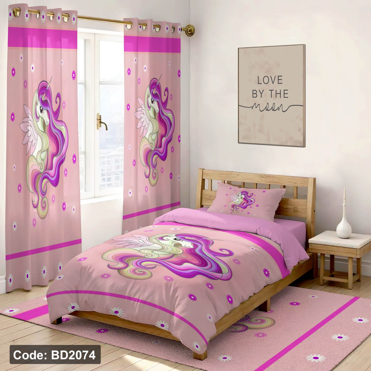 سرویس روتختی یک نفره دخترانه طرح یونیکورن چهار تکه کد BD2074