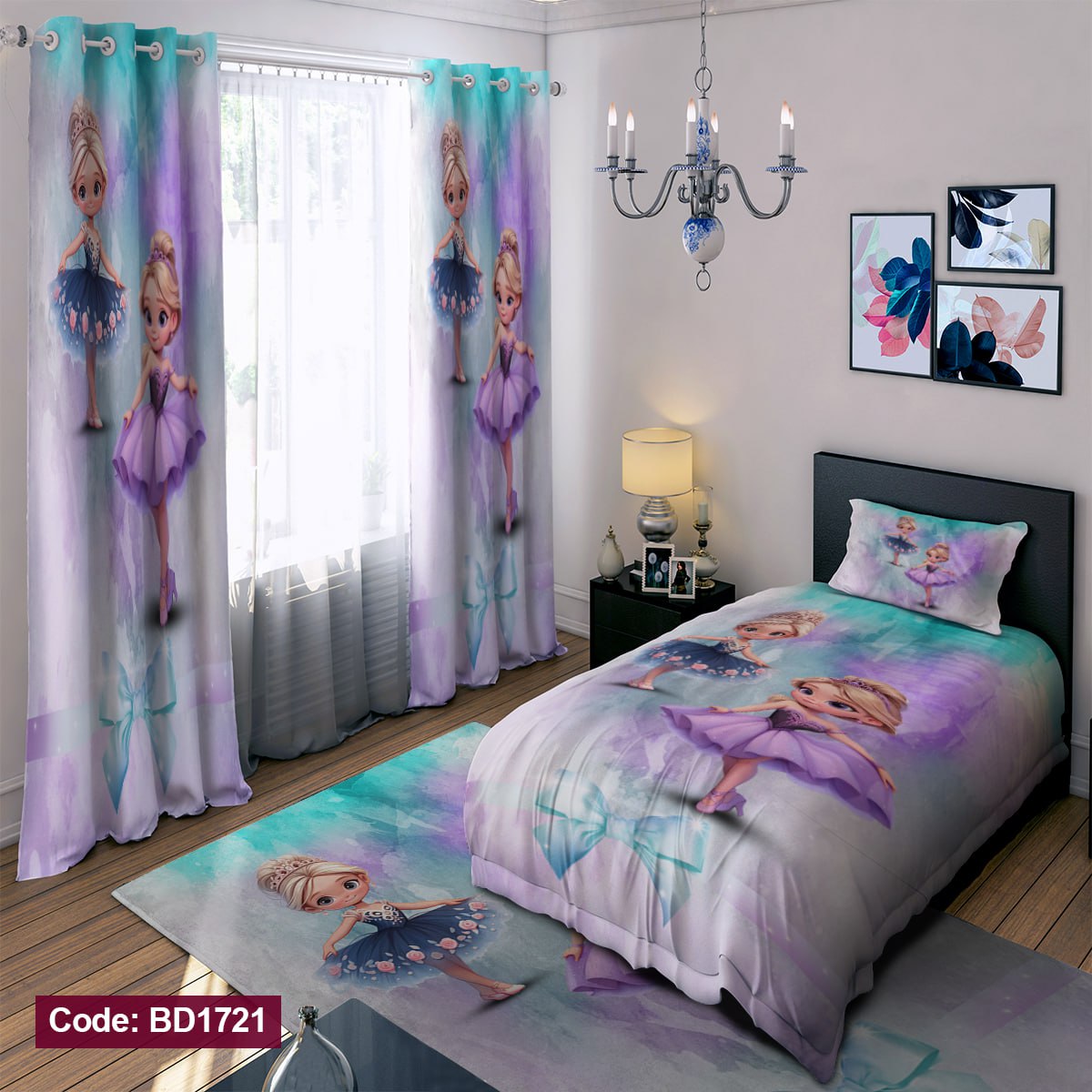 سرویس روتختی یک نفره دخترانه طرح پرنسس چهار تکه کد BD1721