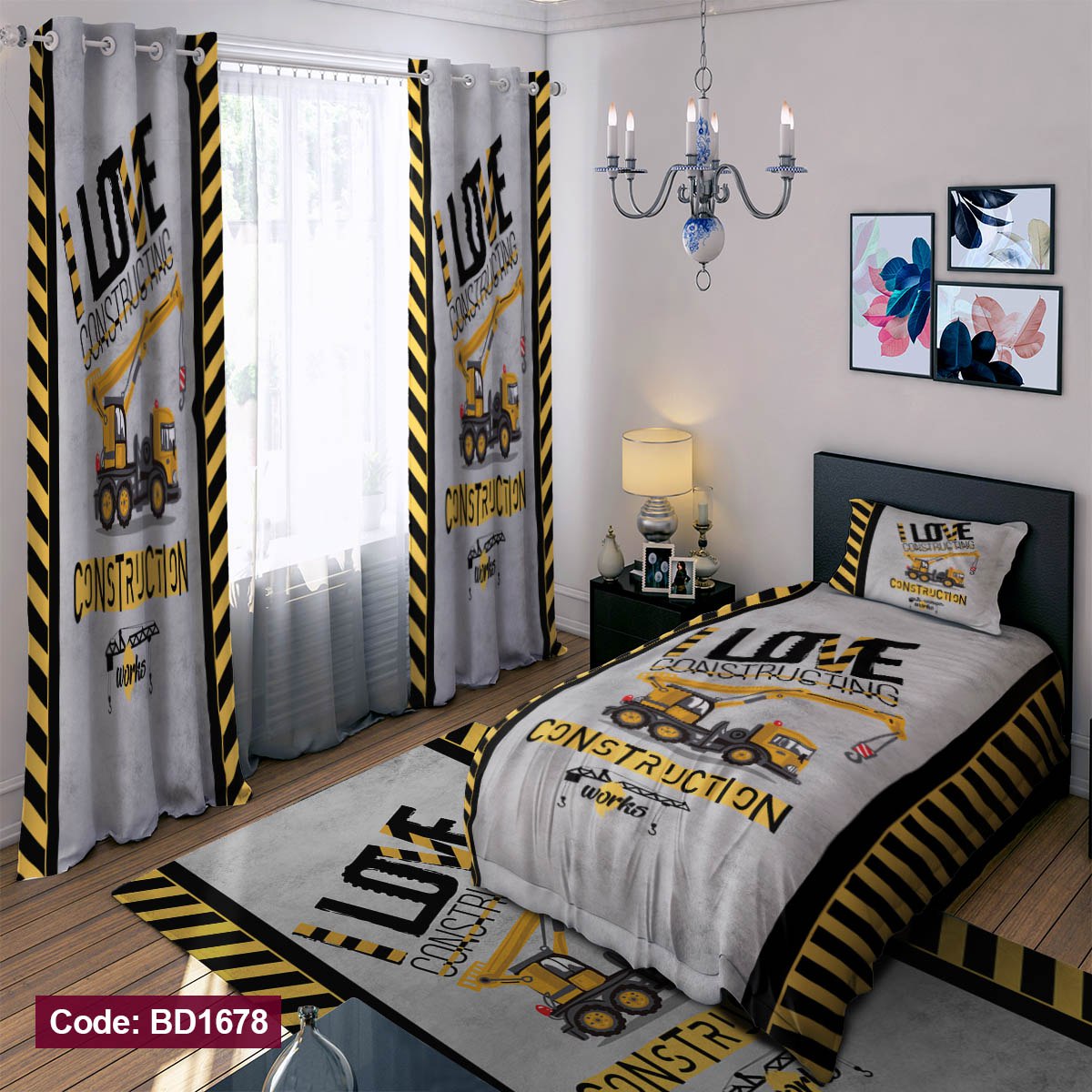 سرویس روتختی یک نفره پسرانه طرح ساخت و ساز چهار تکه کد BD1678